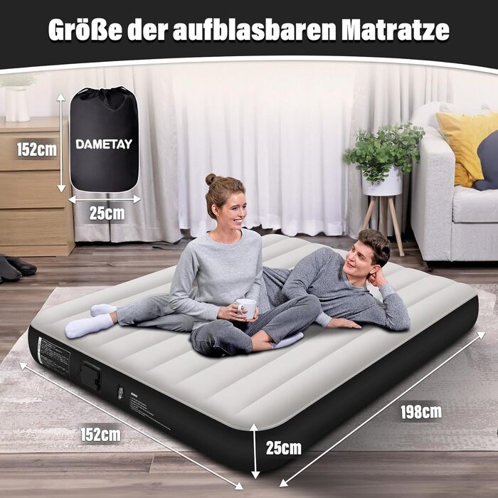 Надувне ліжко для двох осіб з автоматичним надуванням, 198x152x25 см, чорний колір. З вбудованим насосом, самонадувна повітряна матрац-ліжко