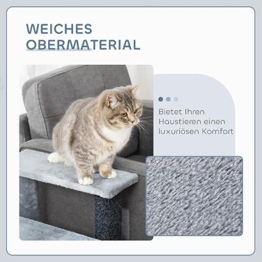 PawHut 4-Step Pet Stairs with Scratching Posts, Ball, Dog Stairs, Animal Stairs for Cats up to 5 kg, Plush Jute Grey, 60 x 40 x 64 cm