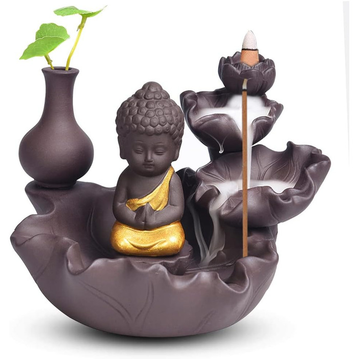 Golden Buddha Waterfall Backflow Incense Burner, Water Fountain Incense Holder, Golden Buddha Censer, Ceramic Incense Burner for Family, Office, Bedroom Decoration