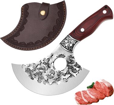 Японський ніж Doklasu для обробки м'яса, ручної роботи, Full Tang, сталь 5Cr15MoV, з червоним дерев'яним руків'ям та піхвою (10 см, стиль Ulu)