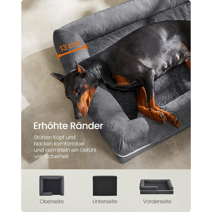 Ортопедичне ліжко для собак Feandrea, м'яке, з піднятими бортиками, 91 x 68 x 18 см, знімний чохол, антиковзаюча підкладка