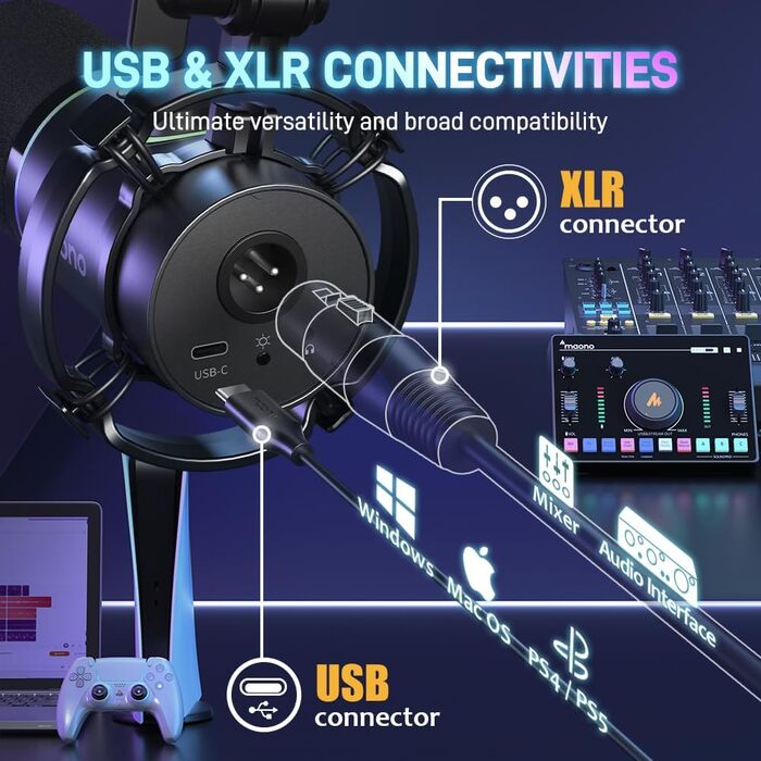 Мікрофон MAONO PD200XS XLR/USB: Набір для стримінгу, запису та геймінгу з RGB підсвіткою, регулюванням гучності та беззвучною кнопкою