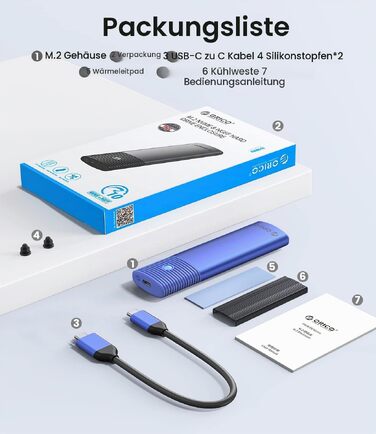 Зовнішній корпус-адаптер ORICO M.2 NVMe та SATA SSD (USB 3.2 Gen 2, 10Gbps), алюмінієвий кейс для SSD 2230/2242/2260/2280, B+M Key, UASP, Trim, без інструментів — PWDM2-BK (Синій)