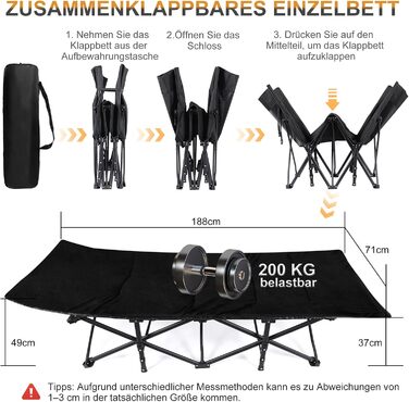 Розкладне ліжко CALIYO для кемпінгу та відпочинку на природі, 188x71x49 см, до 200 кг, з сумкою