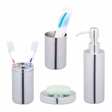 Relaxdays 4-Piece Bathroom Set, Shiny Silver