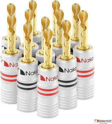Позолочені бананові конектори Nakamichi 24K для акустичних кабелів 12-18 AWG, 4мм, для підсилювача, Hi-Fi ресивера та домашнього кінотеатру, 10 шт (5 пар)