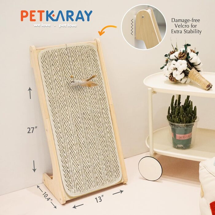 PETKARAY Дряпка для котів, L-подібна, 68 см, з сизалю, для стіни та кута, з котячою м'ятою та іграшкою мишкою