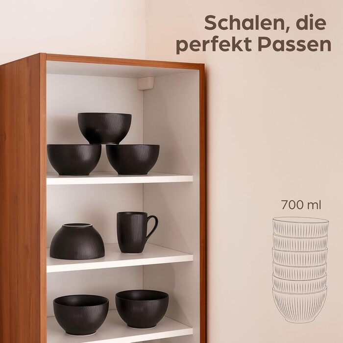 Набір мисок для мюслі Praknu (6 шт.) 700 мл - кераміка, чорний матовий - для супу, салату, мюслі. Можна використовувати в мікрохвильовій печі та мити в посудомийній машині.