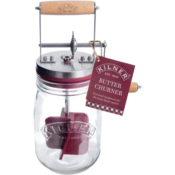 Kilner Butter Churn with Crank Handle made of Glass, Stainless Steel, and Wood in Silver-Dark Red-Brown 1L, 0025.348