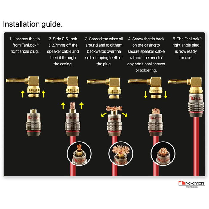 Бананові конектори Nakamichi FanLock Excel-Serie, позолочені правокутні роз'єми для акустичних кабелів Hi-Fi та домашнього кінотеатру, 10-18 AWG, 4 мм, 4 шт (2 пари)