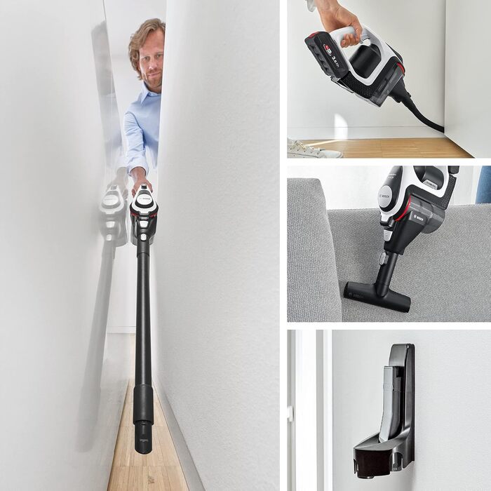 Bosch Unlimited Gen2 Series 8 Cordless Vacuum Cleaner BKS8214W, bagless, up to 45 minutes runtime, interchangeable battery, LED lighting, automatic adjustment to all floor types, XXL upholstery nozzle, white
