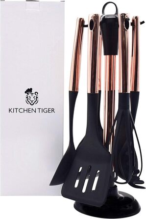 Набір кухонних аксесуарів 7 шт. Rose Gold | Набір кухонних помічників з нержавіючої сталі та нейлону | Стійкий до нагріву, міцний кухонний аксесуар | Набір включає лопатки, вінчики та підставку Rose Gold