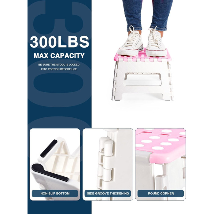 Складний табурет HOUSE DAY 22см, рожевий та білий. Стабільний, легкий, з антиковзким покриттям. Ідеально для дітей, ванної кімнати, кемпінгу, пікніка та дому.