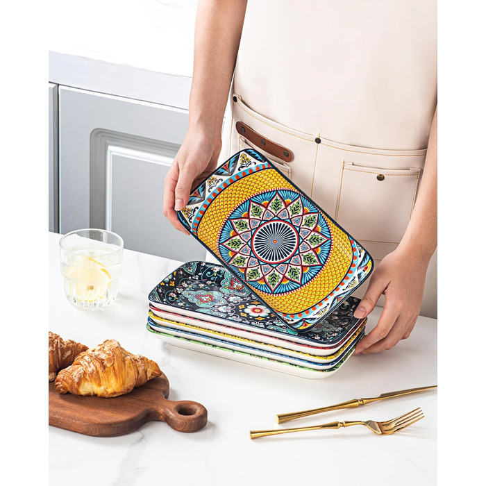 Сервіровочні тарілки HENXFEN з порцеляни, 10 дюймів, набір прямокутних тарілок для салату, закусок, сашимі, богемний квітковий дизайн у 6 яскравих кольорах