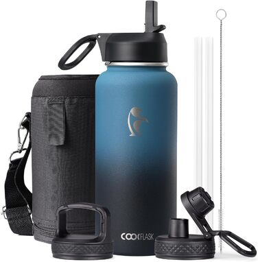 Пляшка для води Coolflask 2л з соломинкою та 3 кришками, ізольована нержавіюча сталь для спорту/офісу, подвійний захист від протікання