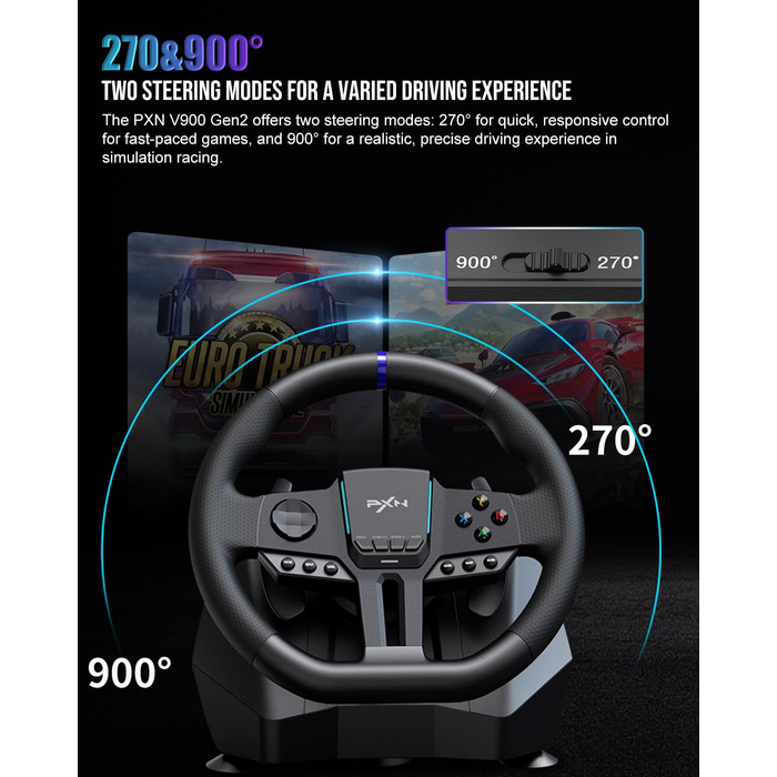PXN V900 Gen2 Ігровий кермо з педалями Hall Effect – 16-бітне USB кермо для ПК з кутом повороту 270°/900°, вібрація, перемикачі передач та керування через додаток – сумісне з PC, Xbox, PS4, PS3, Switch