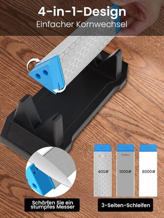 Набір точильних каменів 3-ох сторін, з бруском для заточування, 400/1000/5000 гріт, з нековзною підкладкою, кутовою наставкою та шкіряним ремінцем (діамантовий камінь блакитний)