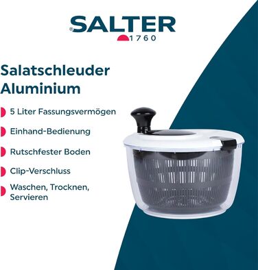 Салатниця Salter 3,5 л – миття, сушіння та подача, кухонний сушар для салату, неслизька основа, з дресінгом, подвійна функція сушіння, здорове харчування, свіжий салат, чорний (5л)