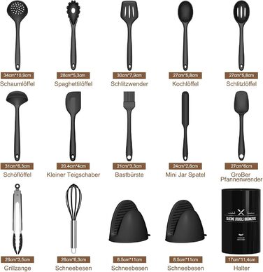 Набір кухонних аксесуарів Terlulu: 15 предметів з силікону, стійкий до нагріву, антипригарний, для посуду, з підставкою, чорний