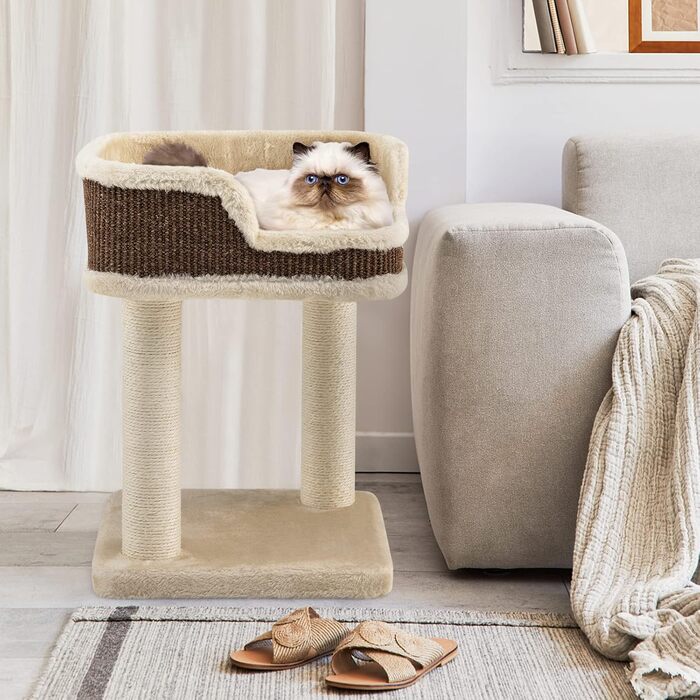 COSTWAY Cat Tree Small, Cat Tree with Large Plush Seat, Wooden Cat Scratching Post, Cat Furniture Climbing Tree, Activity Tree Play Tree, Natural Sisal Tower with Scratching Posts (Beige)
