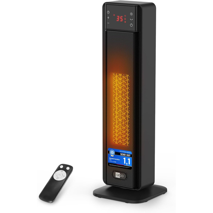 Електричний обігрівач Aeco EcoHeat Boost 58 см з пультом керування, 2000 Вт, LED ECO-режим, таймер 24 год, 4 режими, тиха кераміка, термостат, захист від перегріву та перекидання, осциляція. Smart Tower ECO