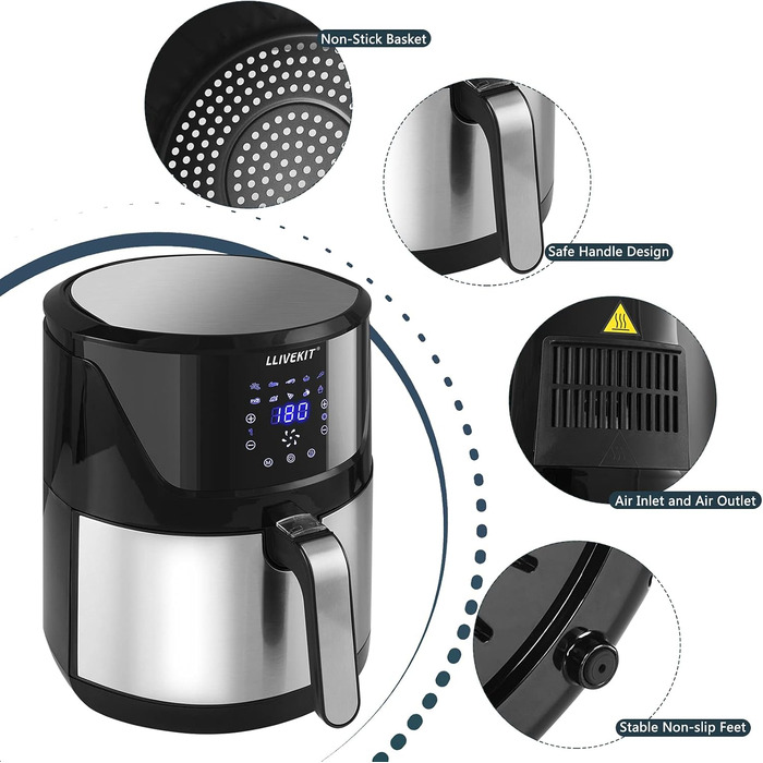 Фритюрниця без олії LLIVEKIT з 2 камерами та скляними вікнами, 4.5L+4.5L, Airfryer 9-в-1, XXL, з сенсорним екраном та таймером