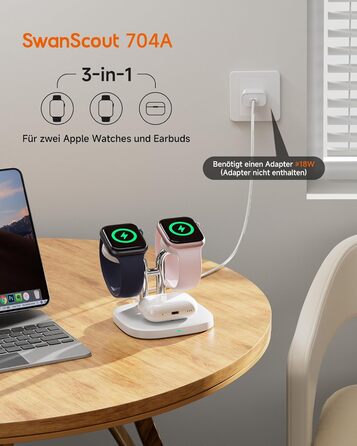 Зарядна станція SwanScout для Apple Watch 10 та AirPods Pro (704A, 3.3W, біла)