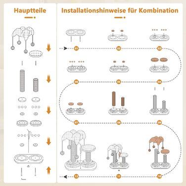 Інтерактивна іграшка для котів 6 в 1: дерев'яний комплекс з кульками, пір'ям, м'ячиком-трекером, когтеточкою з сизалю та джуту. Підходить для котів середніх та маленьких порід (білий)