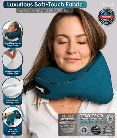 Подушка для шиї SNUGL з Memory Foam, регульована, для подорожей | Зручна подушка-воротник для шиї в літак, авто та в дорогу | Подушка для шиї, Neck Travel Pillow (синьо-зелений)