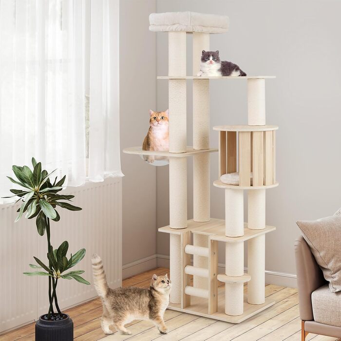 Дерев'яний котячий комплекс COSTWAY 197 см з гамаком, будиночком та кошиком, 7-ярусний, бежевий