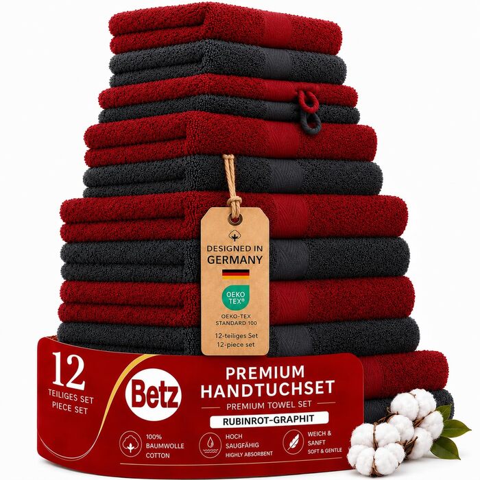 Набір рушників Betz Premium 12 предметів, 100% бавовна, Oeko-TEX Standard 100, 470г/м², колір рубіново-червоний/графіт