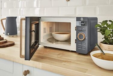 Мікрохвильова піч Swan Nordic 20L, 800W, 6 режимів, таймер 30 хв, функція розморожування, Easy Clean, сірий матовий колір, дерев'яний деко