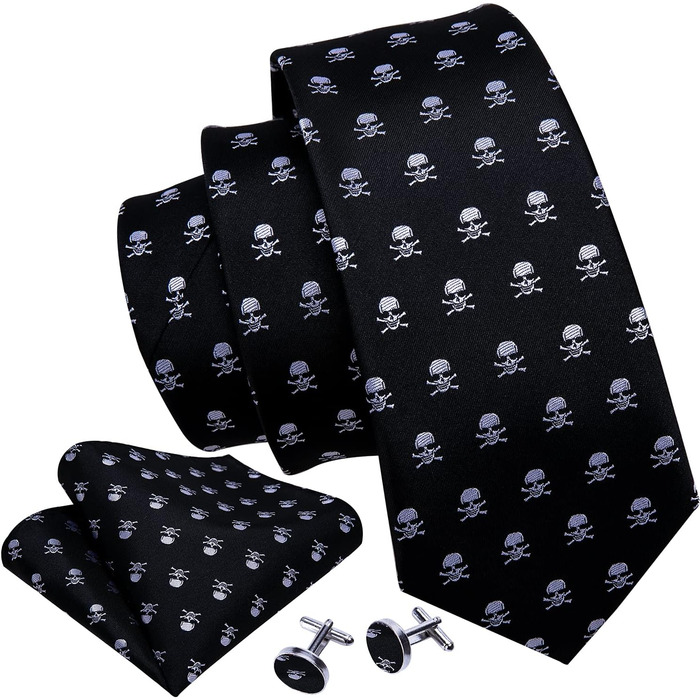 Чоловічий краватковий комплект Barry.Wang: краватка, нагрудна хустинка, запонки, чорний череп, для весілля та ділових зустрічей