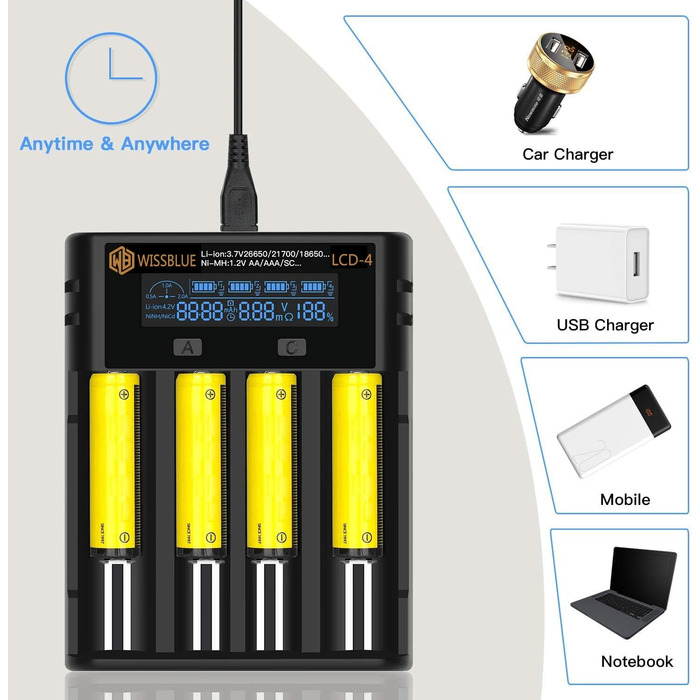 Зарядний пристрій LCD для акумуляторів 18650 з USB Power Bank 2A, для Li-ion/Ni-MH (14500, 16340, 18650, 20700, 21700, 26650, AA, AAA)