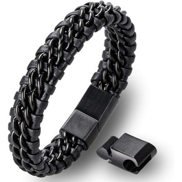 Чоловічий браслет з екошкіри та нержавіючої сталі, плетіння, стилі Рокер, Байкер, Вікінг, Готика, Панк. Чорний, 24 см.