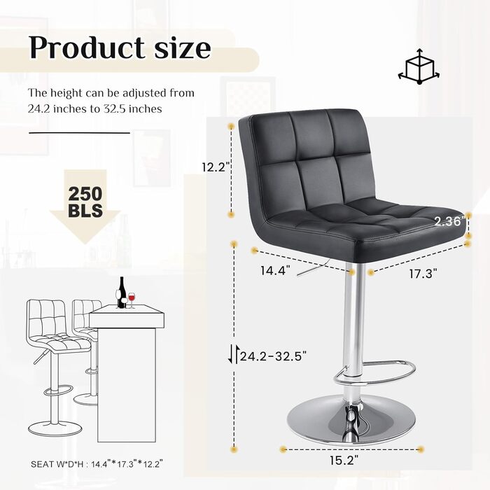 DUMOS Modern Adjustable Bar Stools 2-Pack - Metal Legs, Kitchen & Bar Height - White & Dark Black