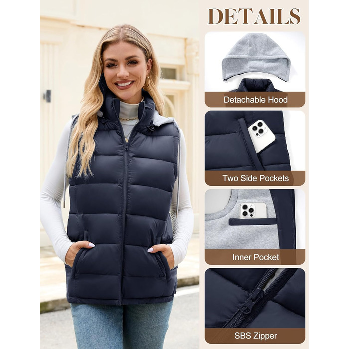Ванкаву Степледік з капюшоном, короткий зимовий жилет, повсякденний, без рукавів, куртка (темно-синій, S)