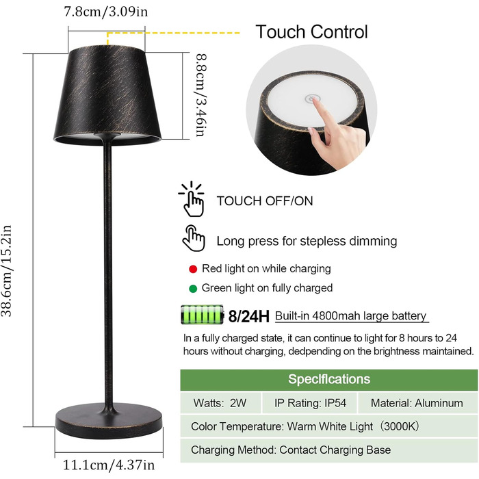 LED настільна лампа K-Bright з димуванням, акумуляторна | Для дому та вулиці | 3000K тепле світло | Дизайнерська лампа з зарядною станцією (2 шт., мідь)