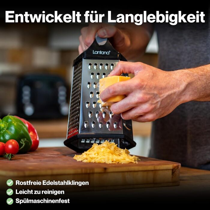 Тертка Lantana 6-стороння з контейнером - ручна тертка/хоботель/подрібнювач. 6 незамінних функцій для кухні: грубе, середнє, дрібне та мікро-терття/стругання/подрібнення.