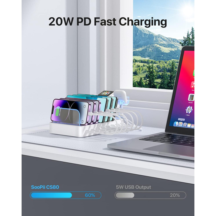 SooPii Зарядна станція USB-C 8 портів з PD 20W, кабель USB 8 шт., тримач для Apple Watch та AirPods - Біла