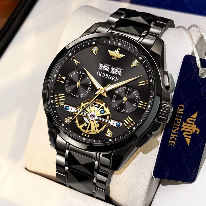 Чоловічий годинник OLEVS Automatik Skeleton Mechanical з автопідзаводом, люкс, з діамантами, сапфіровим склом, вологостійкий, браслет з вольфрамової сталі (3186 Чорний)