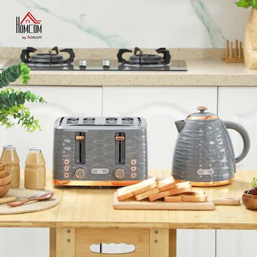 Набір для сніданку HOMCOM: електричний чайник 1.7л та тостер на 4 скибки, 2200 Вт, 7 рівнів просмаження, функція розморожування та підігріву, сірий