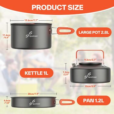 Набір посуду для кемпінгу на 2 особи: каструля, сковорода, чайник, тарілки, чашки, столові прибори (Löffel, Gabeln)