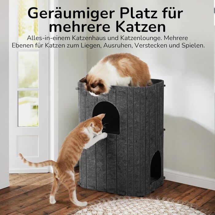 Cat Cave, Stable Cat Cave made of high-quality felt, 3-layer indoor cat house bed, Cat cave for sleeping, playing and hiding, Felt cave, 45 x 37 x 60cm, Large (dark gray)