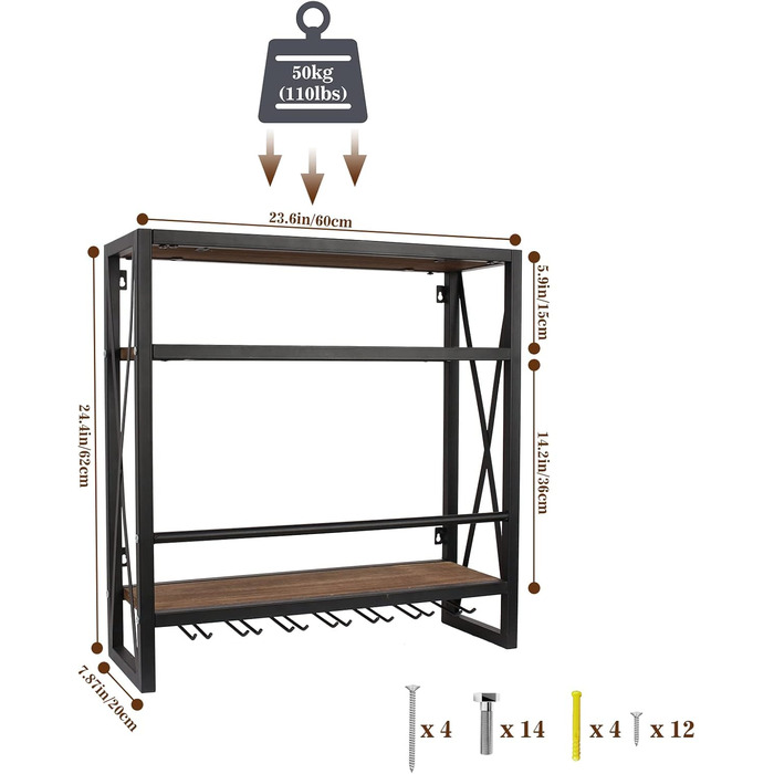 Wall-Mounted Wine Rack with Glass Holder, Wood and Metal Bottle Shelf with 3 Levels for 12 Bottles, Wine Stand with Cup Shelf, Suitable for Kitchen, Maximum Load Capacity 50 kg, 60*20*62 cm