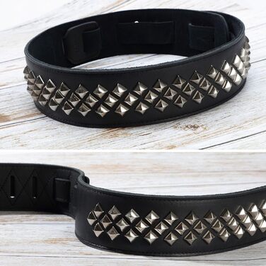 Гітарний ремінь Nefelibata з повном'якої шкіри, з м'якою підкладкою, з срібними заклепками, для електро-, акустичної та бас-гітари (2,5' шириною, карбоновий чорний) (Квадратні діаманти)