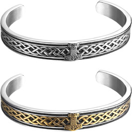 Чоловічий браслет JewelryWe з нержавіючої сталі з вовком, плетіння, стиль вікінг/байкер, відкритий браслет, срібло/золото/чорний, еластичний, набір 2 шт. (Молот Тора)