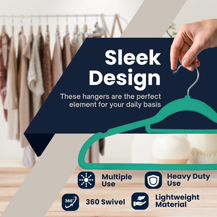 Набір плечиків для одягу з велюру, 50 шт. (блакитно-зелений) – антиковзаючі, з органайзером для краваток, обертові гачки