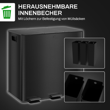 HOMCOM 3 x 15L Step Trash Can with Lid and Foot Pedal, Stainless Steel Waste Bin with Inner Bucket for Living Room & Office, 61.9 x 36.6 x 43.2 cm