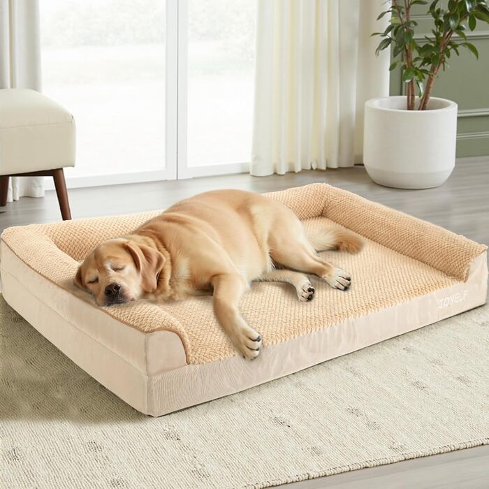 JOYELF Orthopedic Dog Bed for Large Dogs, Waterproof Foam Sofa with Removable, Washable Cover and Non-Slip Bottom for Small to Medium Dogs - (Medium - 70*52*16.5cm, Khaki)